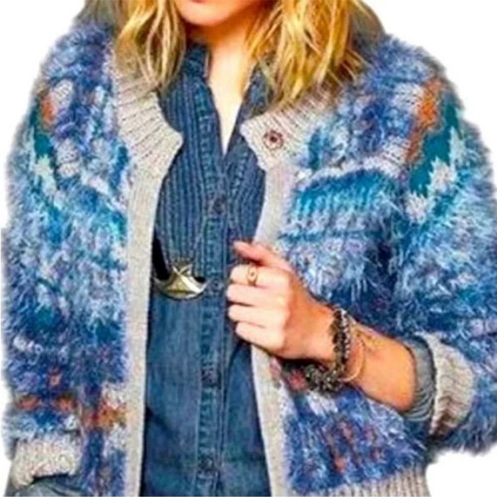 Free People Nordic Party Cardi Fuzzy Cardigan Sweater Multicolour